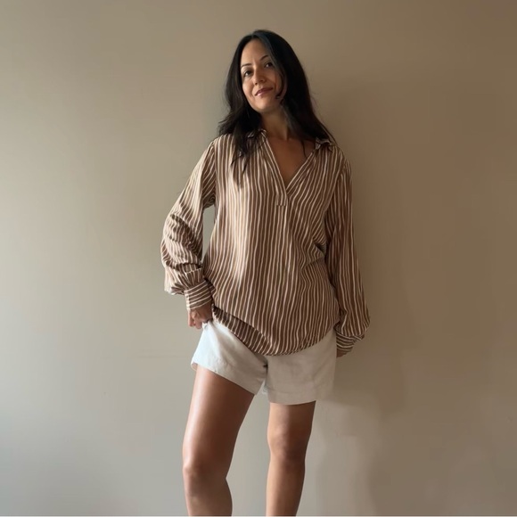 Ann Taylor Pullover Tan Striped Blouse - Picture 2 of 5